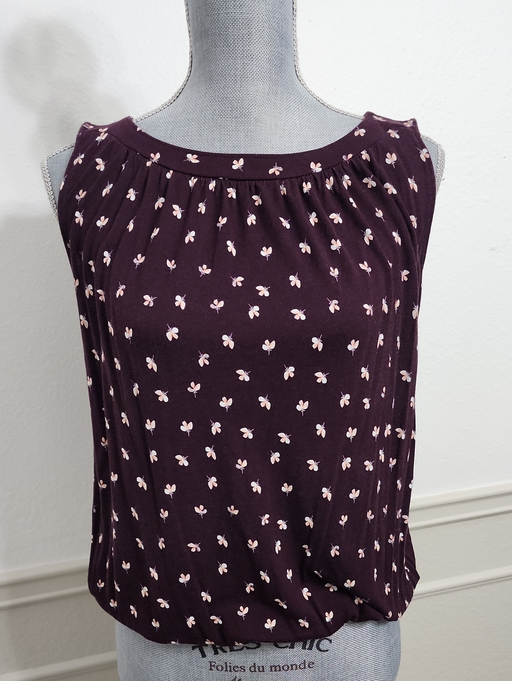 LOFT Plum Sleeveless Floral-Print Gathered-Neck Camisole